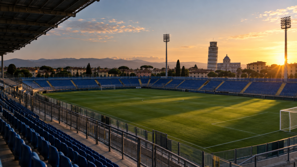 Stadio di Pisa al tramonto con campo da calcio e tribune azzurre